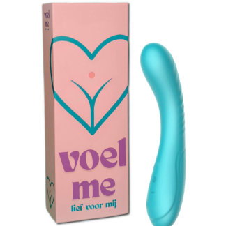 Lief voor mij - voel me vibrator in aqua blauw met links daarvan de verpakking.