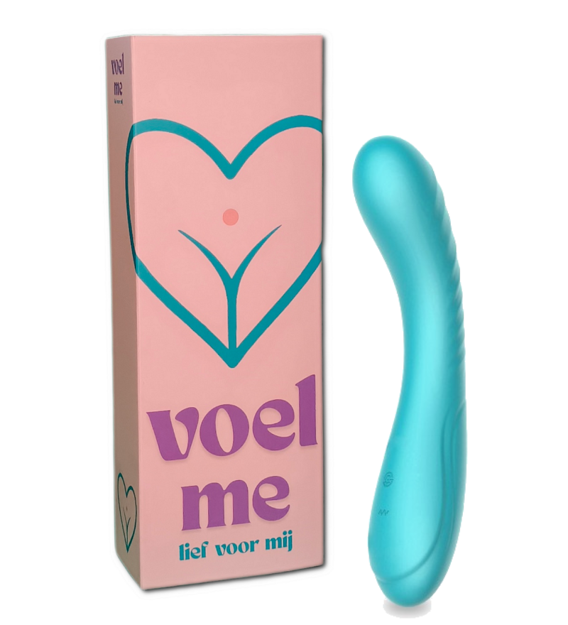 Lief voor mij - voel me vibrator in aqua blauw met links daarvan de verpakking.