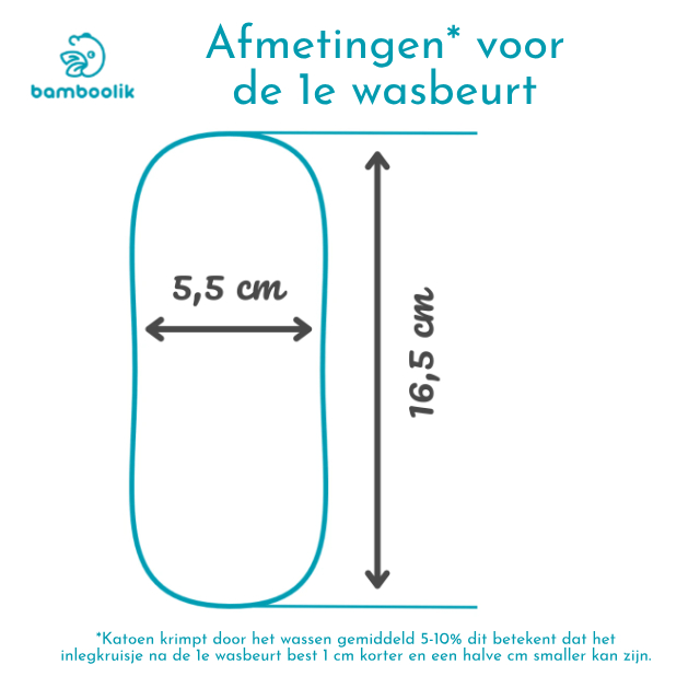 maataanduiding Een schematische weergave van het inlegkruisje om de afmetingen goed te laten zien. De lengte is 16,5 cm en de breedte (omgevouwen) is 5,5 cm.