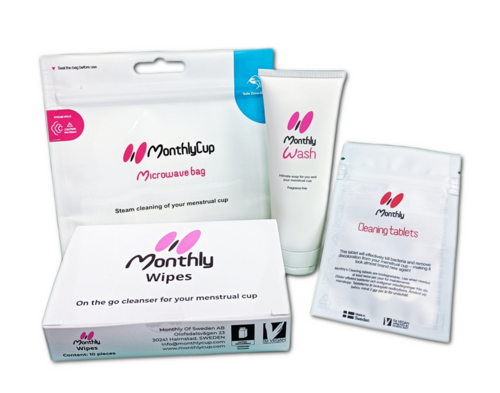 afbeelding van alle reinigingsproducten van Monthlycup