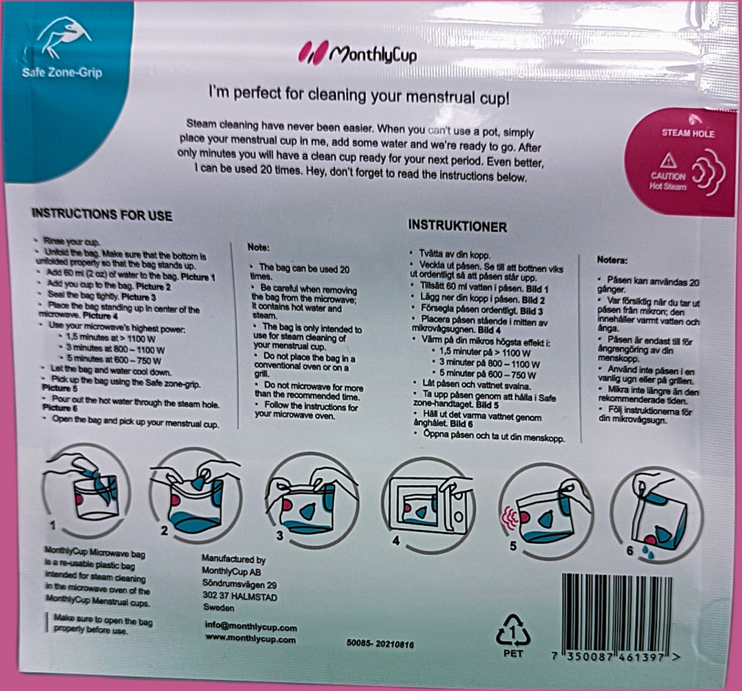 afbeelding van de achterzijde van de microwavebag met daarop de gebruiksaanwijzing
